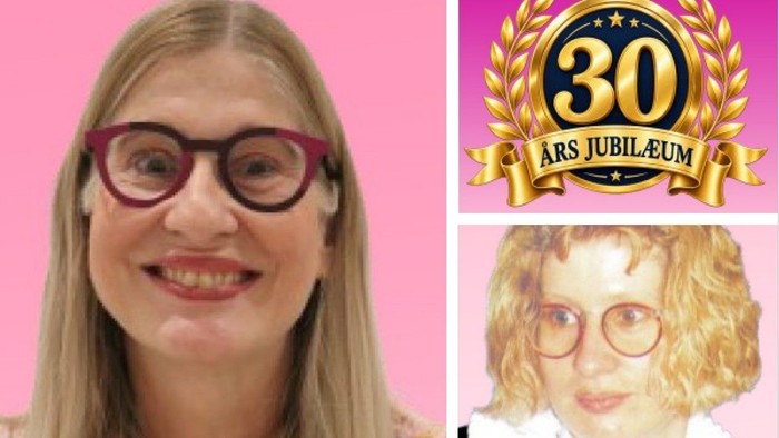 En kvinde fejrer 30 år med et jubilæumsmærke og en sammenligning af barndomsbilleder.