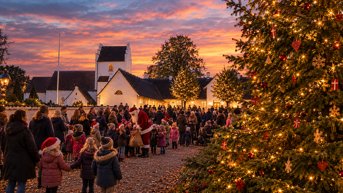 Familier samles i tusmørket omkring et pyntet juletræ og kirke til en festlig begivenhed.