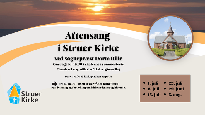 En invitation til aftensangsgudstjeneste i Struer Kirke med guidede ture og foredrag i sommerferien.
