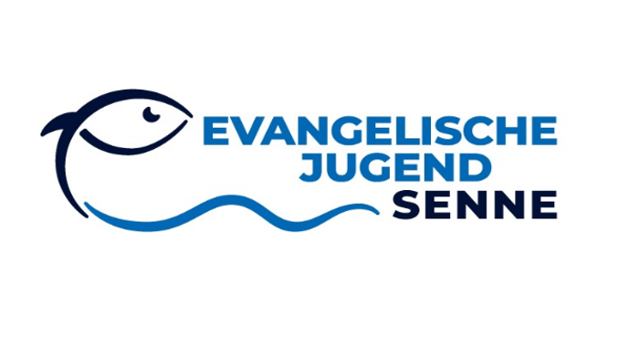 Logo für die Evangelische Jugend Senne mit einem stilisierten Fisch und einer Wasserwelle sowie Text.