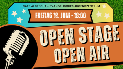 Plakat für ein Open-Air-Musikfestival mit Open Stage am 19. Juni im Café Albrecht in Berlin.