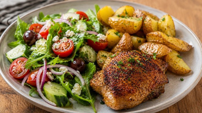 Lækkert grillede kylling med ovnstegte kartofler, frisk salat og kirsebærtomater på en rustik tallerken.