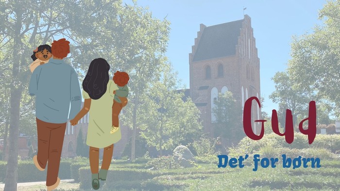 En familie går i park foran Gudhøj Kirke