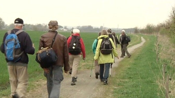 En gruppe af vandreturede går i en landskablig omgivelse.