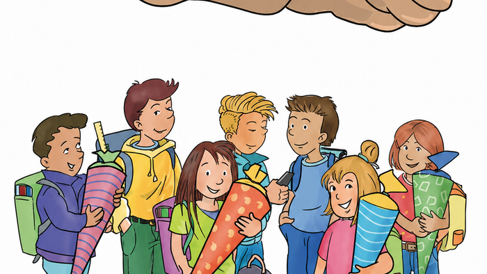 Eine einladende Erwachsenenhand streckt sich einer Gruppe fröhlicher, vielfältiger Schulkinder mit Rucksäcken entgegen.