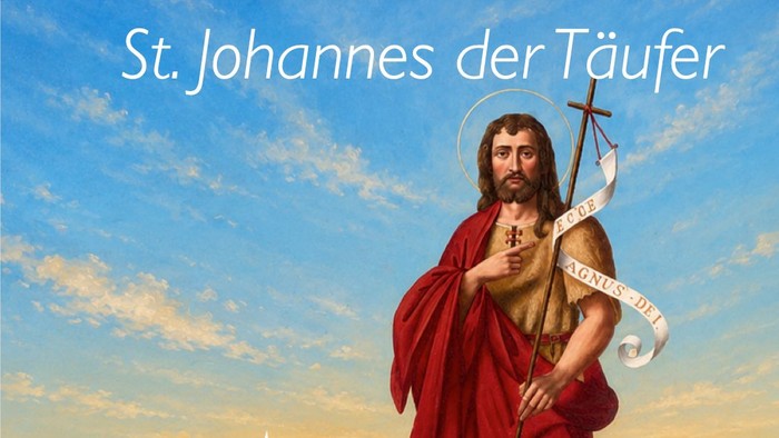 Einladungsplakat zum Patronatsfest des Heiligen Johannes der Täufer mit Johannes dem Täufer, Feuer und Festivitätsdetails.