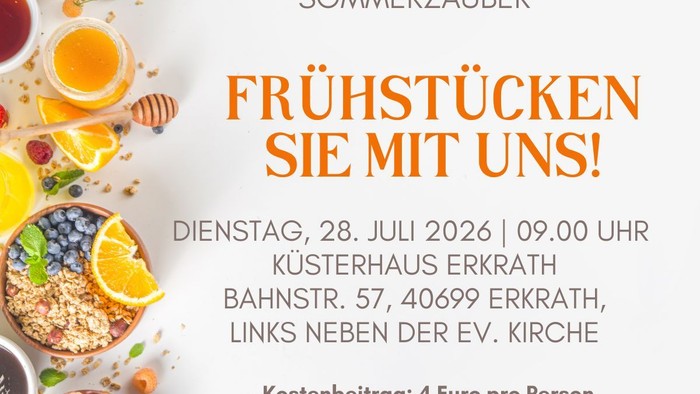 Einladung zu einem gemeinschaftlichen Frühstücks-Event namens „Sommerzauber“ am 28. Juli 2026 mit Details und Kosteninformationen.