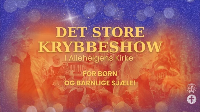 Juleforestillingsplakat med festlig scene og tekst på dansk