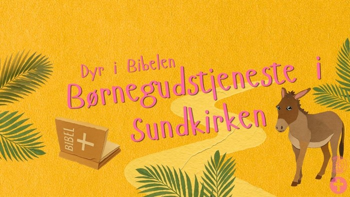 Børnekirketimen om dyr i Bibelen med en illustration af et æsel og en bibelbog.