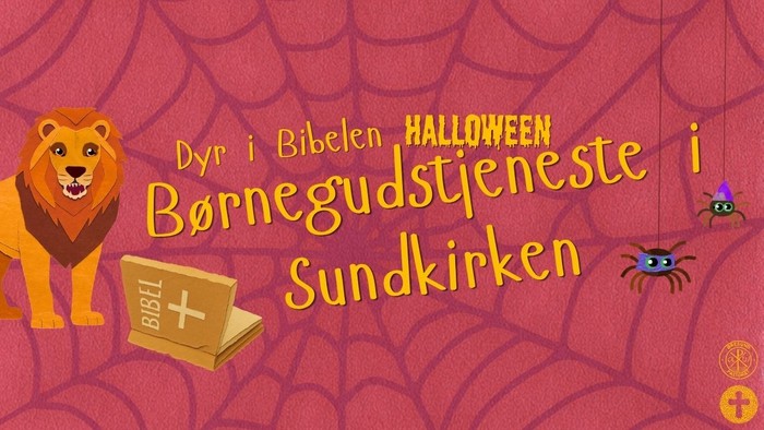 Børnekirkelæringsaktivitet med Halloween-tema med bibelske dyr og uhyggelige dekorationer.