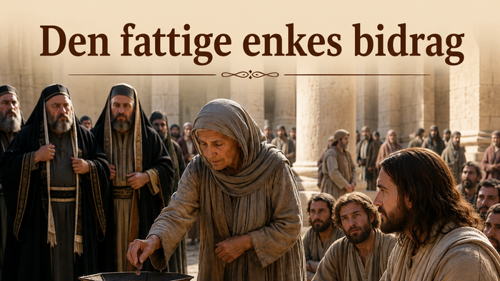 En fattig enke lægger sine sidste mønter i tempelkassen, mens Jesus og andre iagttager det.