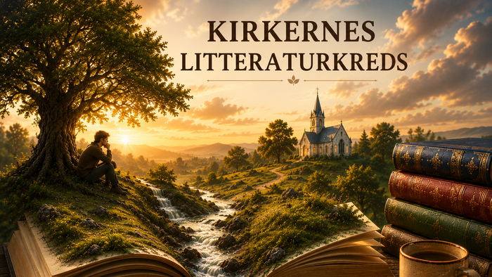 Et fredfyldt landskab folder sig ud fra åbne bøger under en solnedgang, med en hyggelig kop kaffe og teksten 