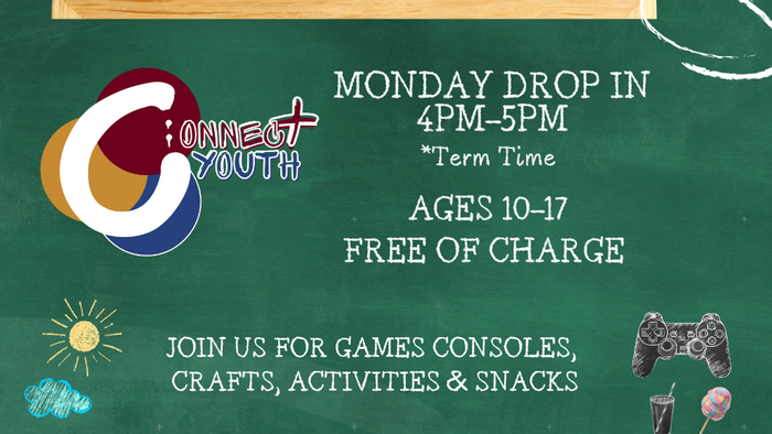 Free Monday youth drop-in event with games, crafts, snacks, and activities for ages 10-17 at Westgait Church.