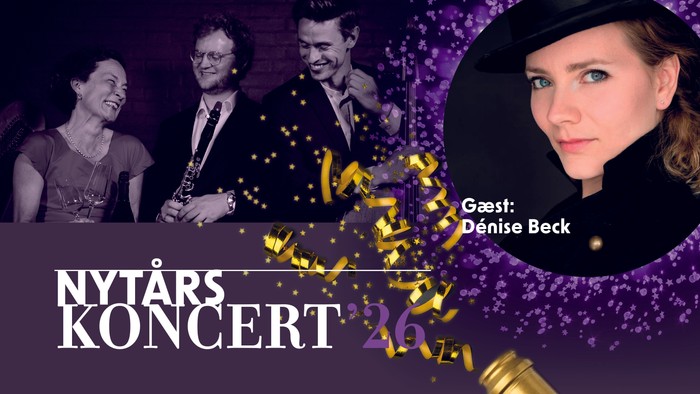Plakat for nytårskoncert med gæster og konfetti.