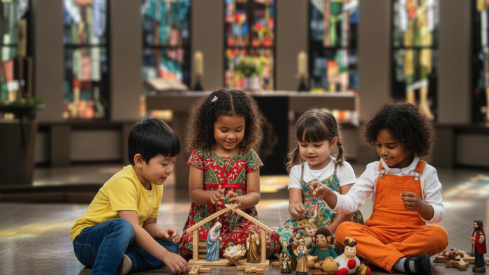 Spielende Kinder in der Kirche.