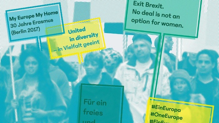 Eine farbenfrohe Grafik, die sich für die Rechte von Frauen in der EU und für Einheit einsetzt, mit Botschaften gegen den Brexit und für europäische Solidarität.