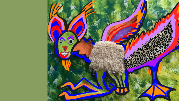 Buntes Fantasiewesen, das eine Mischung aus Eichhörnchen, Schaf und Vogel mit lebendigen, verspielt-mustrigen Mustern darstellt.