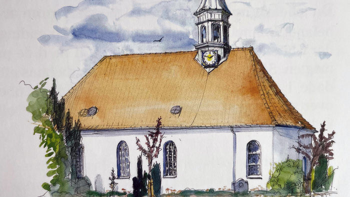 Vandmaleri af gammel kirke med tårn og klokke.