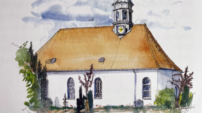 Vandmaleri af gammel kirke med tårn og klokke.