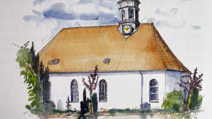 Vandmaleri af gammel kirke med tårn og klokke.