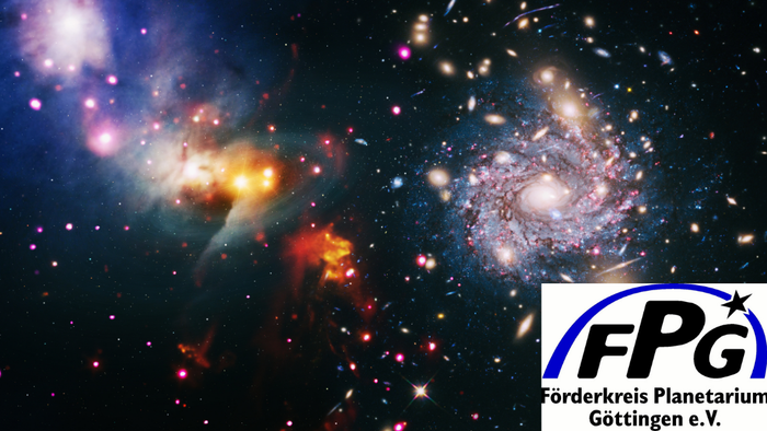 Kosmische Szene mit kollidierenden Galaxien, leuchtenden Nebeln und fernen Sternen, präsentiert vom Förderkreis Planetarium Göttingen.