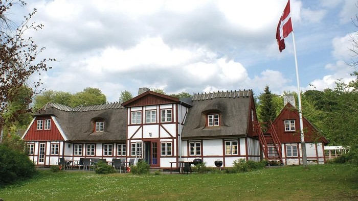 Charmerende traditionelt hus med stråtag og dansk flag vajende, omgivet af frodig grønne omgivelser.