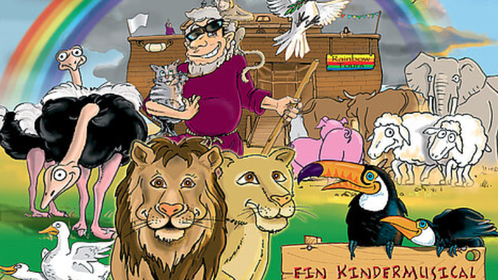 Buntes musikalisches Kinderposter mit Noah, Tieren und einem Regenbogen auf der Arche Noah.