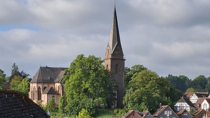Eine ruhige Stadtansicht mit einem hohen Kirchturm, der sich über üppiges Grün und malerische Häuser unter einem strahlend blauen Himmel erhebt.