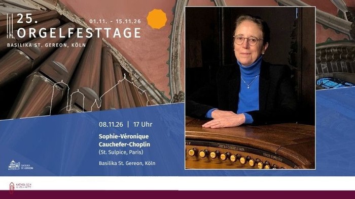 Plakat für ein Orgelfestival mit der Pianistin Sophie-Wirónique Cauchefer-Choplin, die in der Basilika St. Gereon, Köln, auftritt.