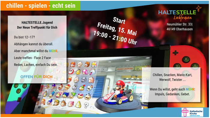 Flyer für ein Jugendtreffen an der Haltestelle Liefraden mit Spielen, Snacks und sozialen Aktivitäten am 15. Mai.