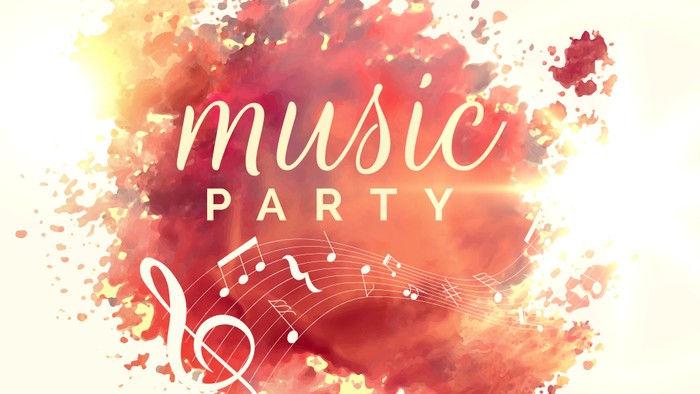 Lebendige Musikparty-Grafik mit wirbelnden Farben, Noten und festlichem Text.