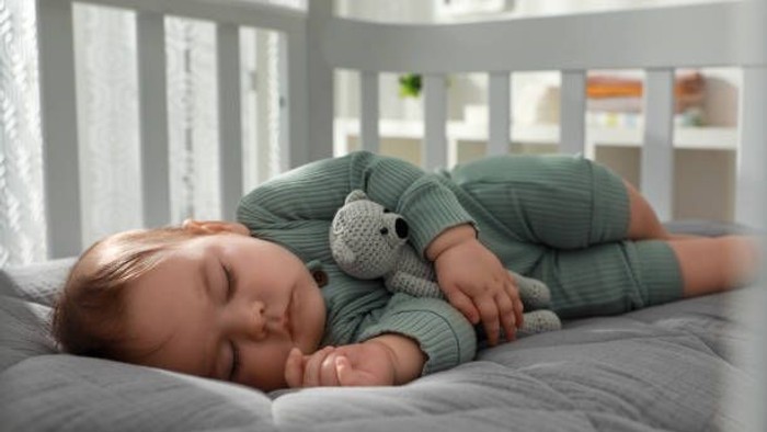 Baby schläft mit Stofftier im Kinderbettchen