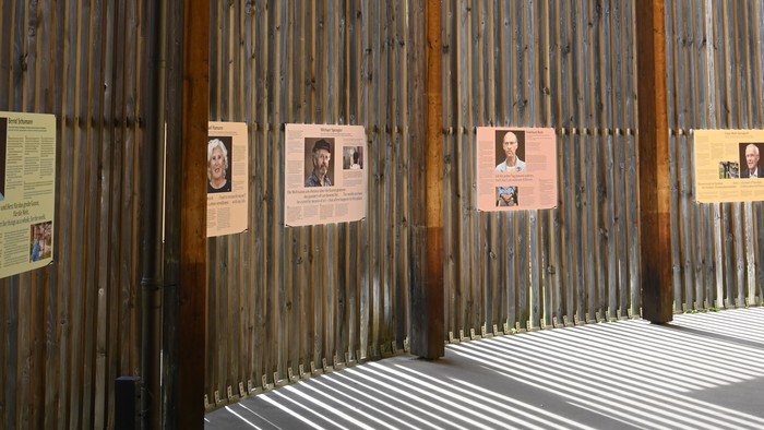 Holzwand mit Fotos und Lichtstreifen