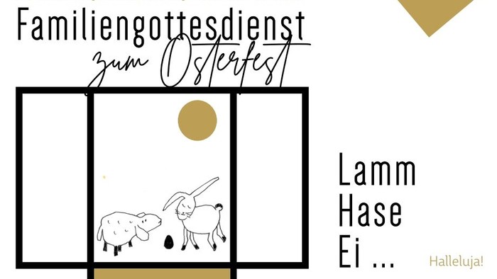 Einladung zum Familien-Ostergottesdienst mit Lämmern, einem Hasen und Osterdetails für den 5. April 2026.