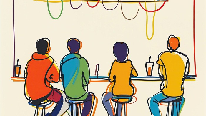 Bunte Illustration von vier Personen, die an einer Bar sitzen, mit Flaschen, die über ihnen hängen.