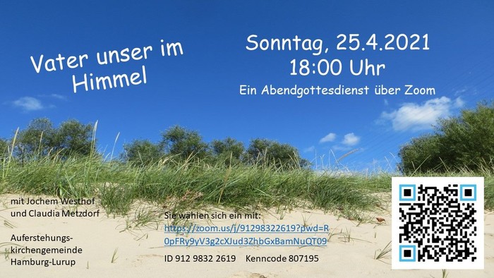 Einladung zu einer Veranstaltung am 25.4.2021 um 18:00 Uhr über Zoom, mit QR-Code und Veranstalterinformationen