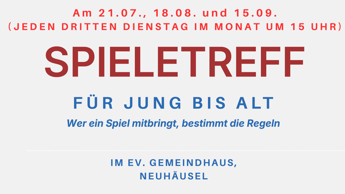 Plakat für ein Spiele-Treffen: Alle Altersgruppen sind eingeladen, jeden dritten Dienstag im Monat gemeinsam zu spielen und Spaß zu haben.