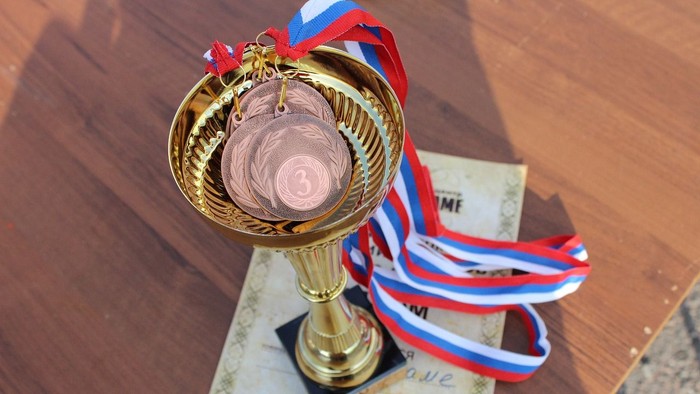 En guld medalje med rød og blå bånd på en skrivebord
