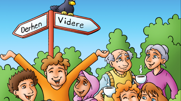 En gruppe mennesker ser glade ud og ser på en vejskilt med en fugl på toppen