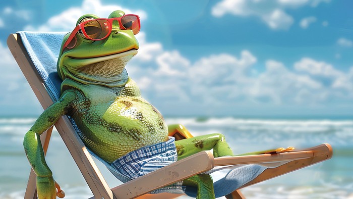 Ein Frosch im Liegestuhl am Strand.