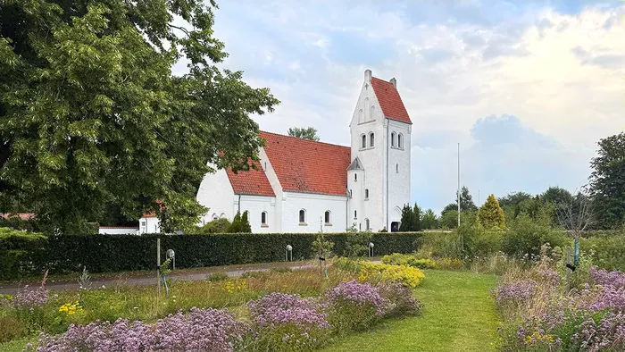 Villingerød Kirke fra sydvest med vilde blomster