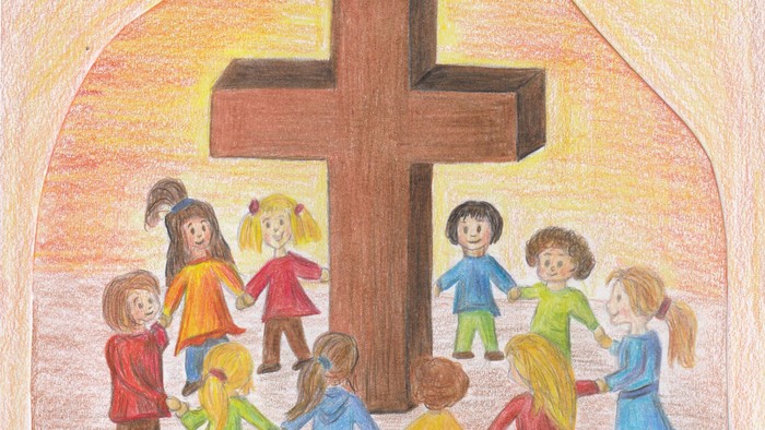 Zeichnung von Kindern welche im Kreis um ein Kreuz stehen. Überschrift Einladung zum Kindergottesdienst