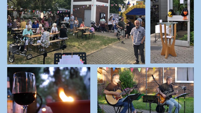 Ein gemütliches Treffen im Freien mit Menschen, die essen, trinken und Musik genießen