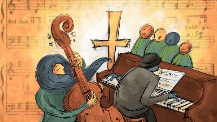 En tegnelse af en mand som spiller cello og en orgelspiller i kirke.