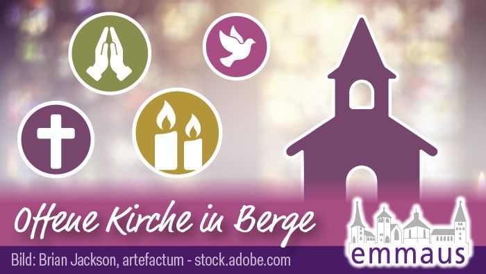 Offene-Kirchen-Banner mit religiösen Symbolen und einer Kirchensilhouette mit dem Text „Offene Kirche in Berge“.