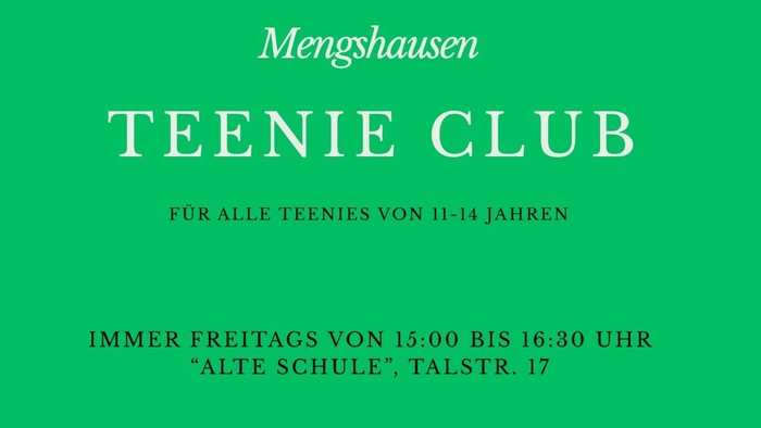 Jugendclub-Flyer für Jugendliche von 11–14 Jahren in Mengshausen mit Aktivitäten jeden Freitag von 15:00 bis 16:30 Uhr.