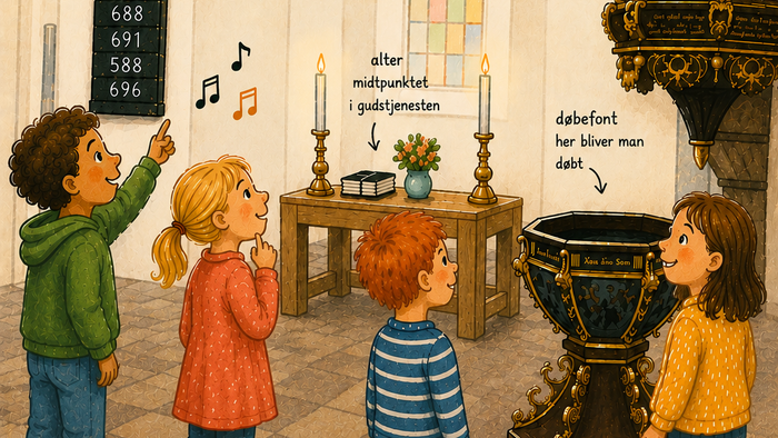 Børn udforsker en kirke og lærer om sang, bønner og dåb med informative talebobler.