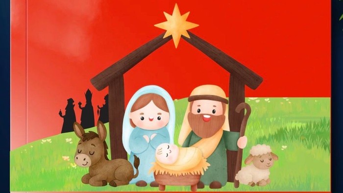 Stald med Maria, Josef, Jesusbarnet, stjerne over stalden, silhuet af tre vise mænd i baggrunden, et æsel og et får i forgrunden