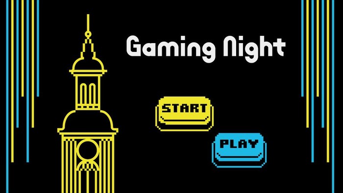 Pixelbilder auf schwarz: Turm St. Nikolai, Start-/Play-Button, Gaming Night