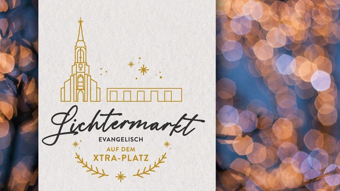 Weihnachtsmarkt-Schild mit Kirchenillustration und Lichtern